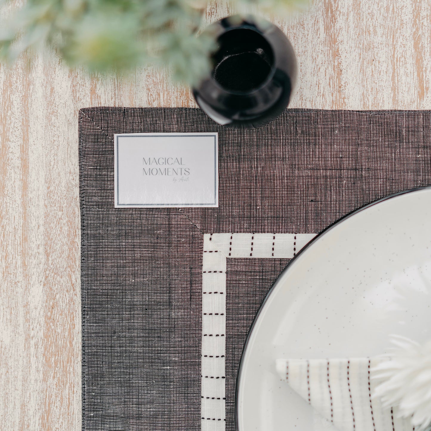 Grey Cotton Placemats with Striped Inset Border