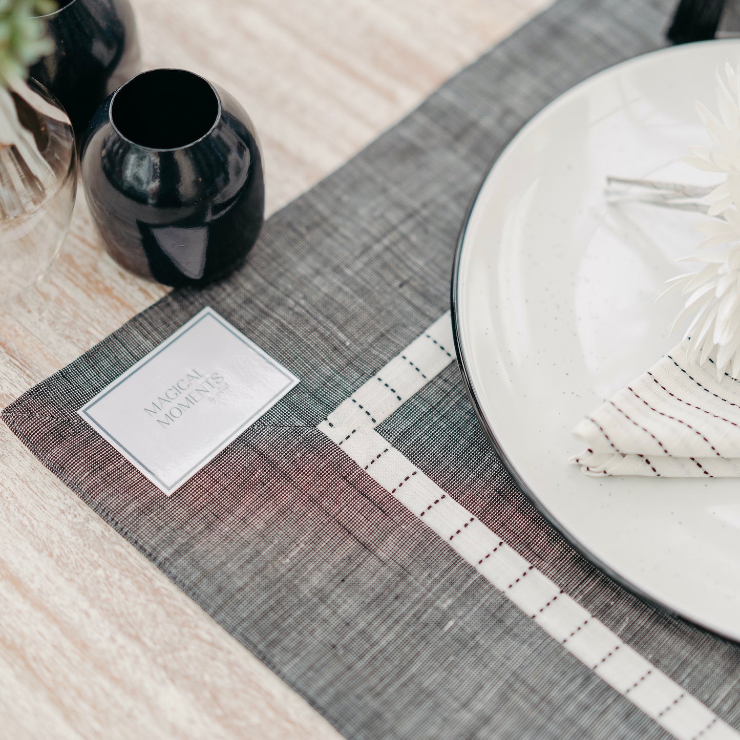 Grey Cotton Placemats with Striped Inset Border