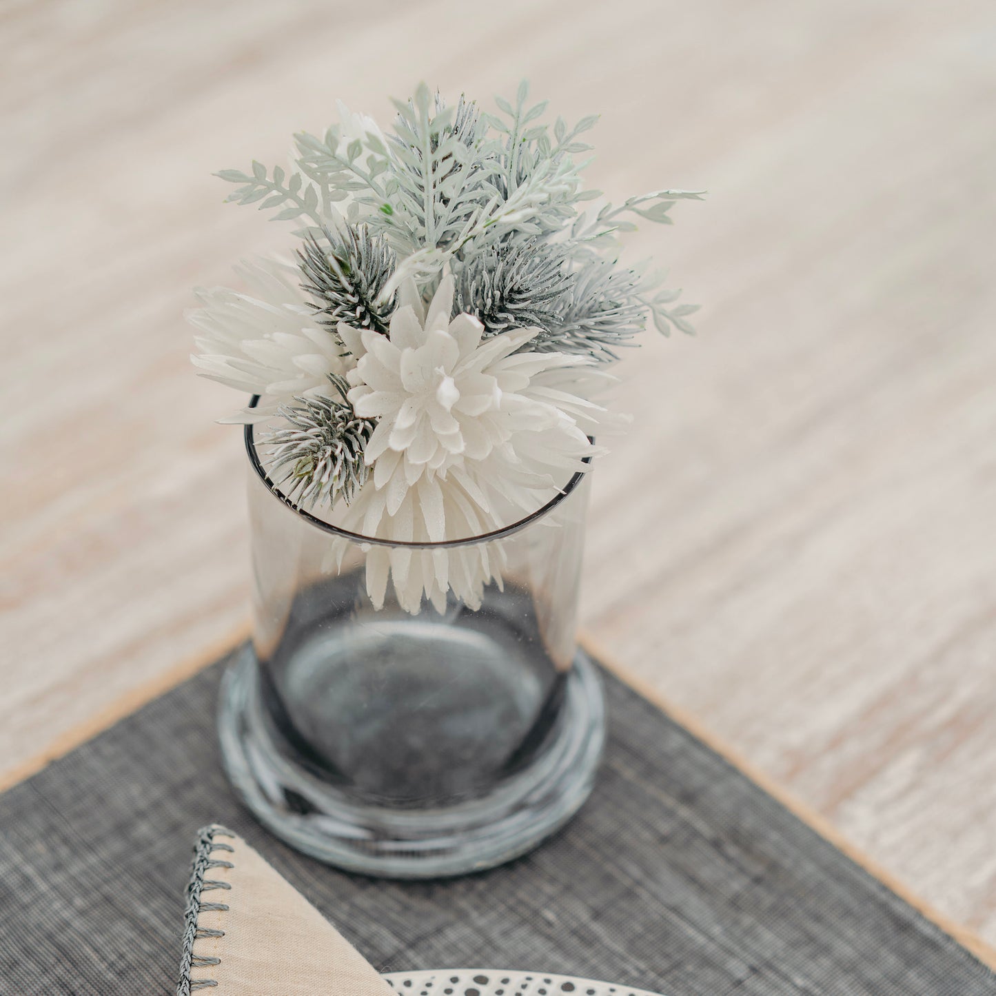 Smoky Glass Holder with Faux Flowers