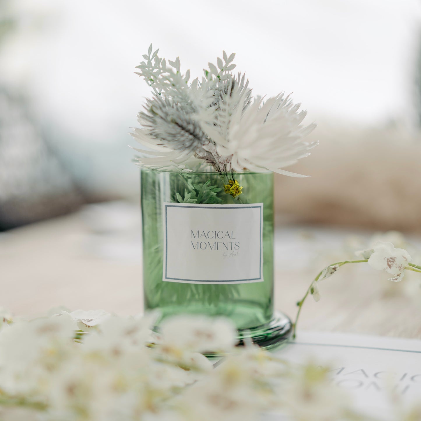 Emerald Glass Holder with Faux Flowers