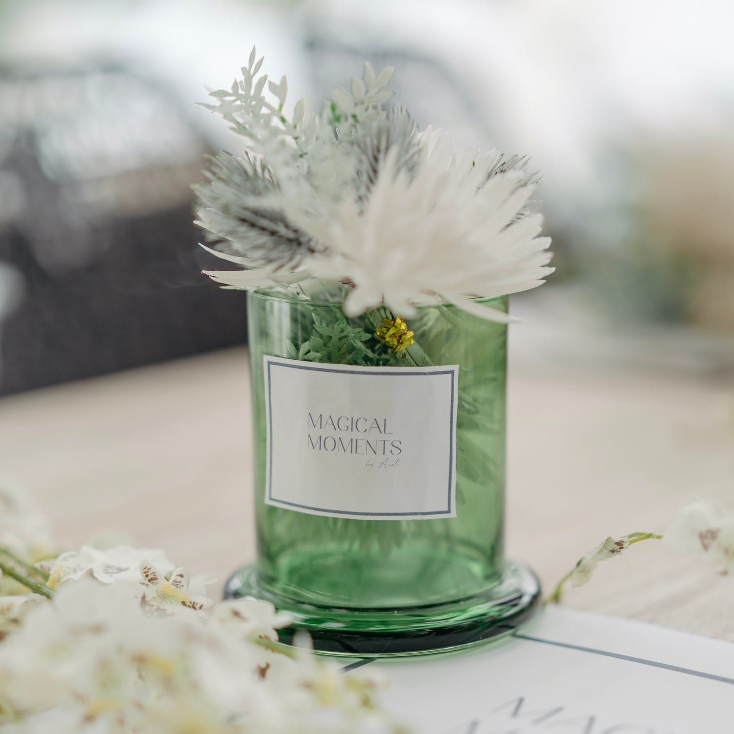 Emerald Glass Holder with Faux Flowers