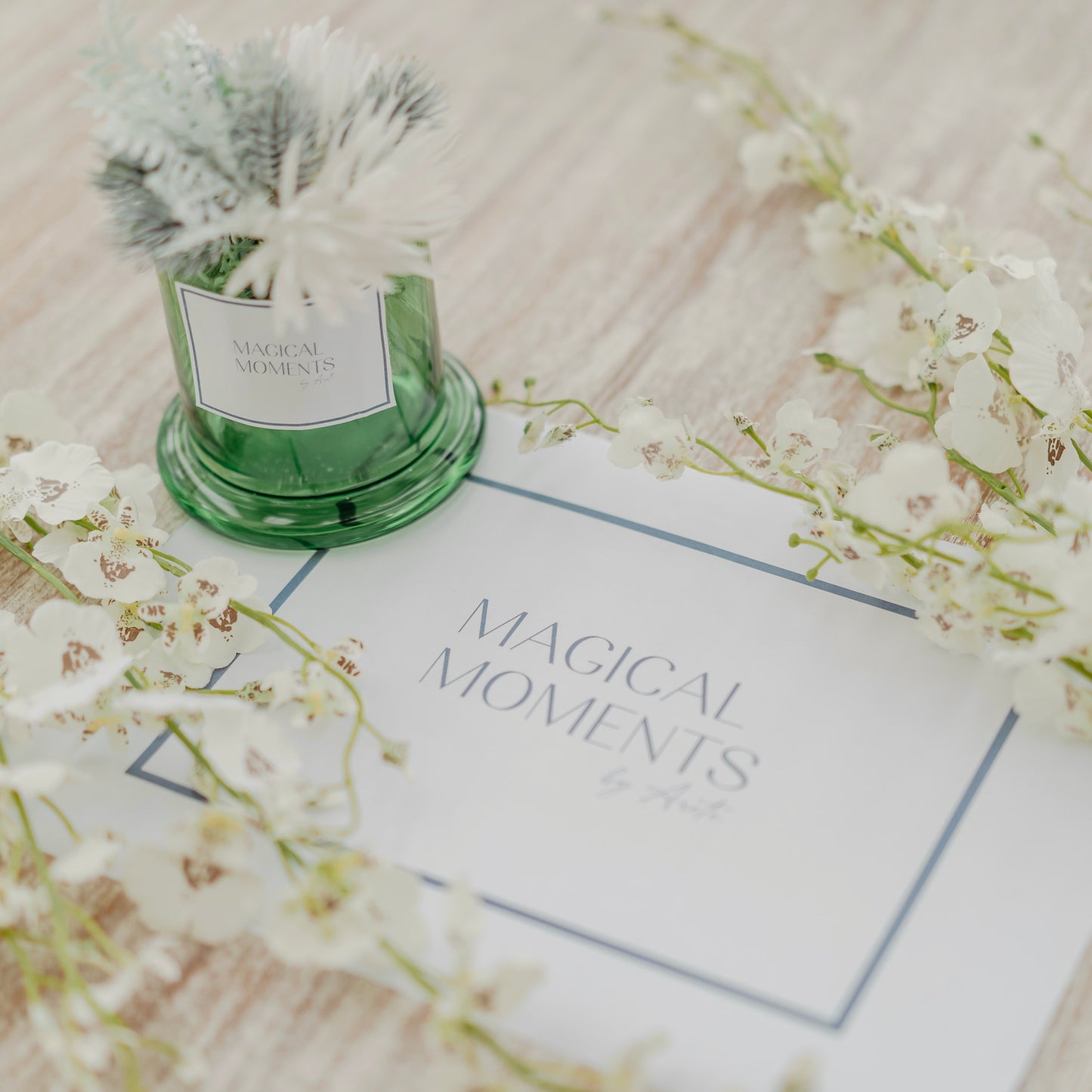 Emerald Glass Holder with Faux Flowers