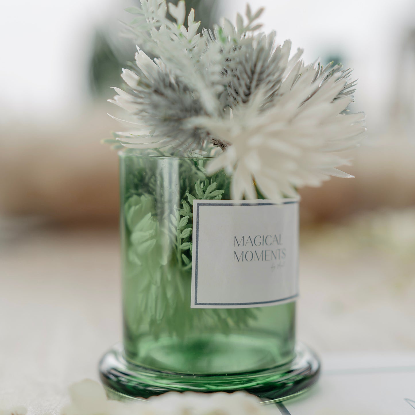 Emerald Glass Holder with Faux Flowers