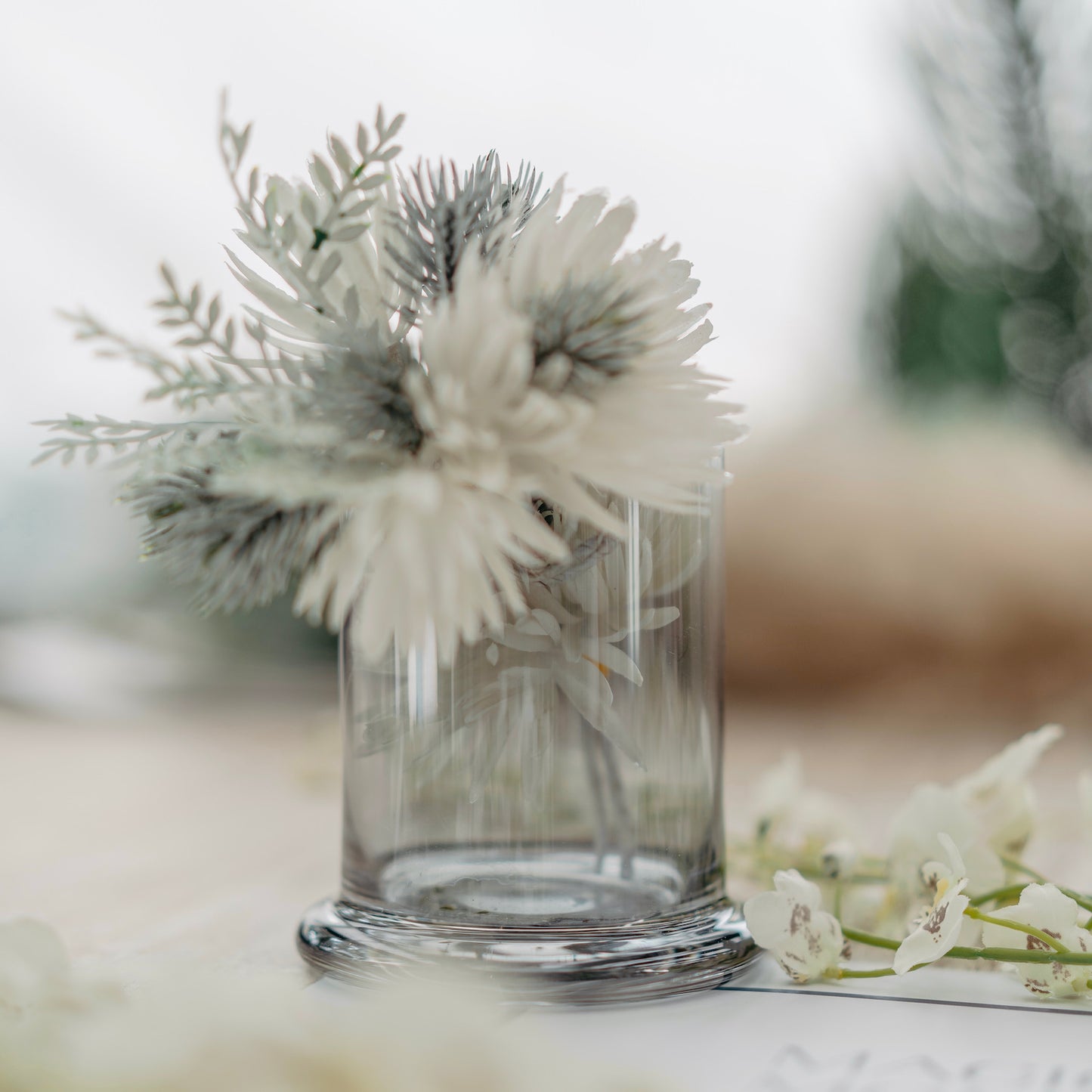 Smoky Glass Holder with Faux Flowers