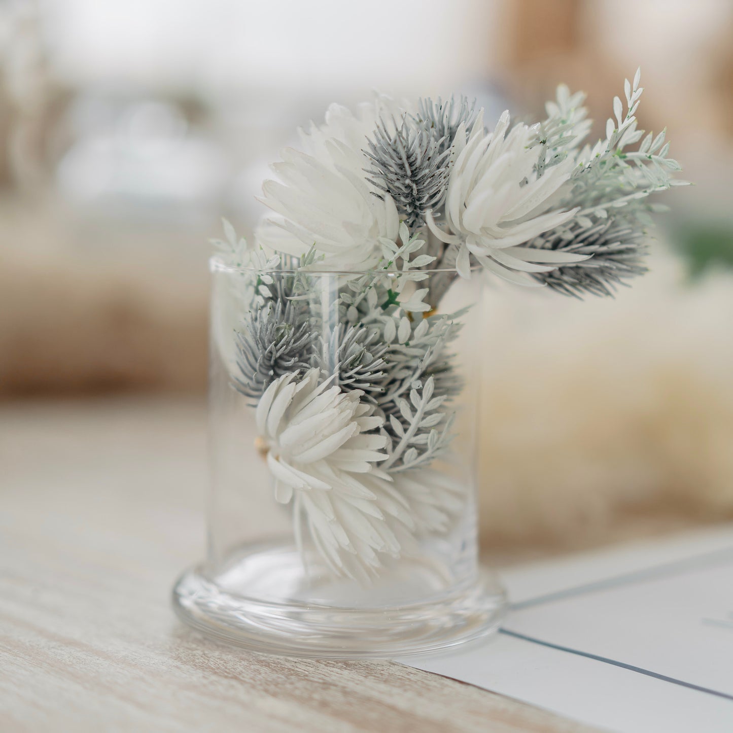 Clear Glass Holder with Faux Flowers