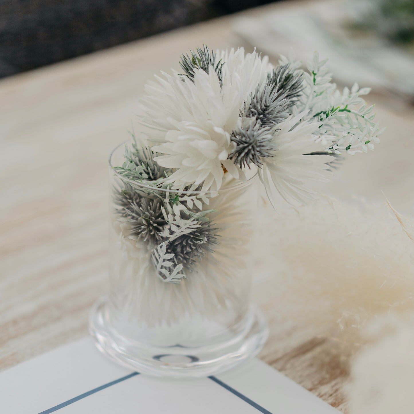 Clear Glass Holder with Faux Flowers