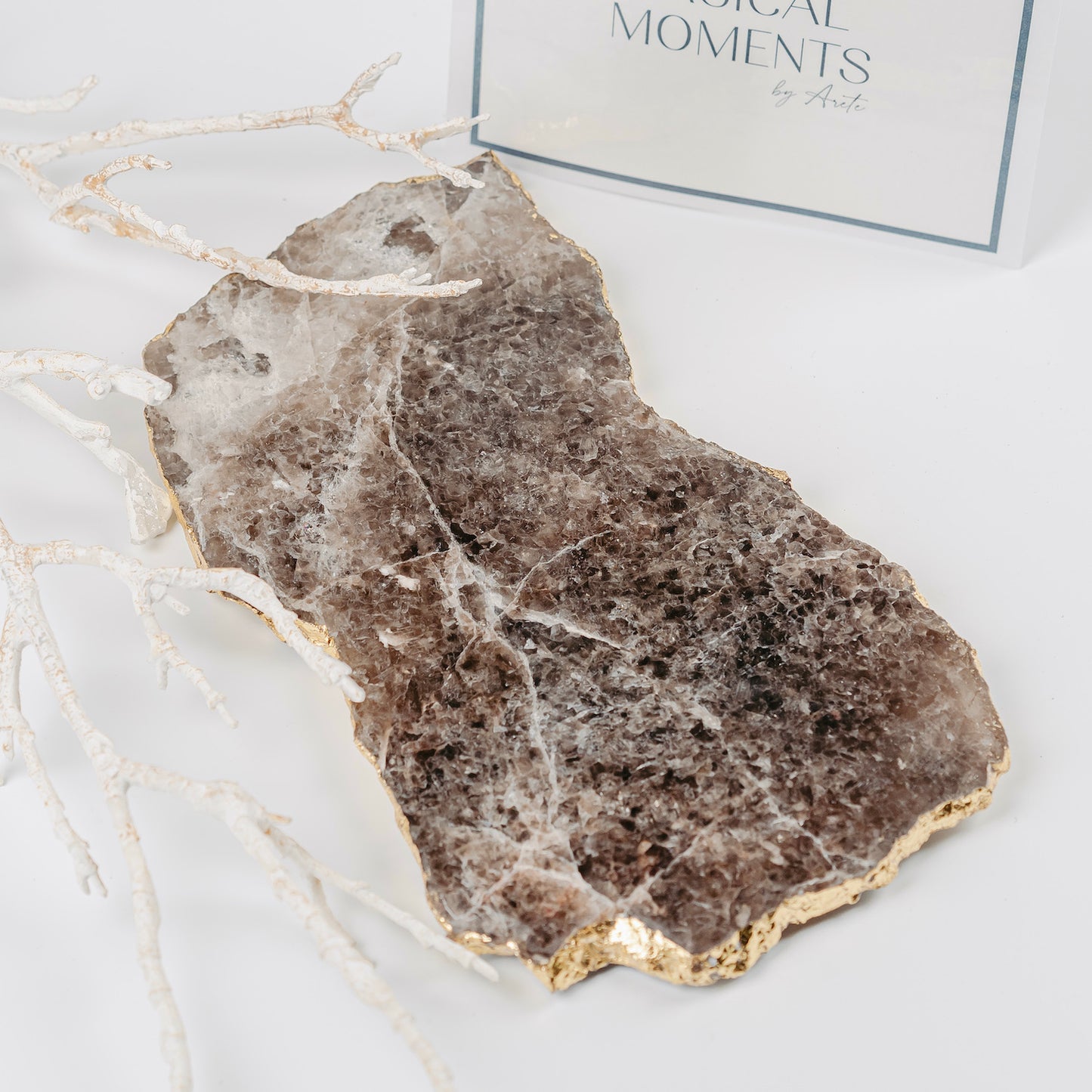 Smoky Quartz Platter with Gold Edge