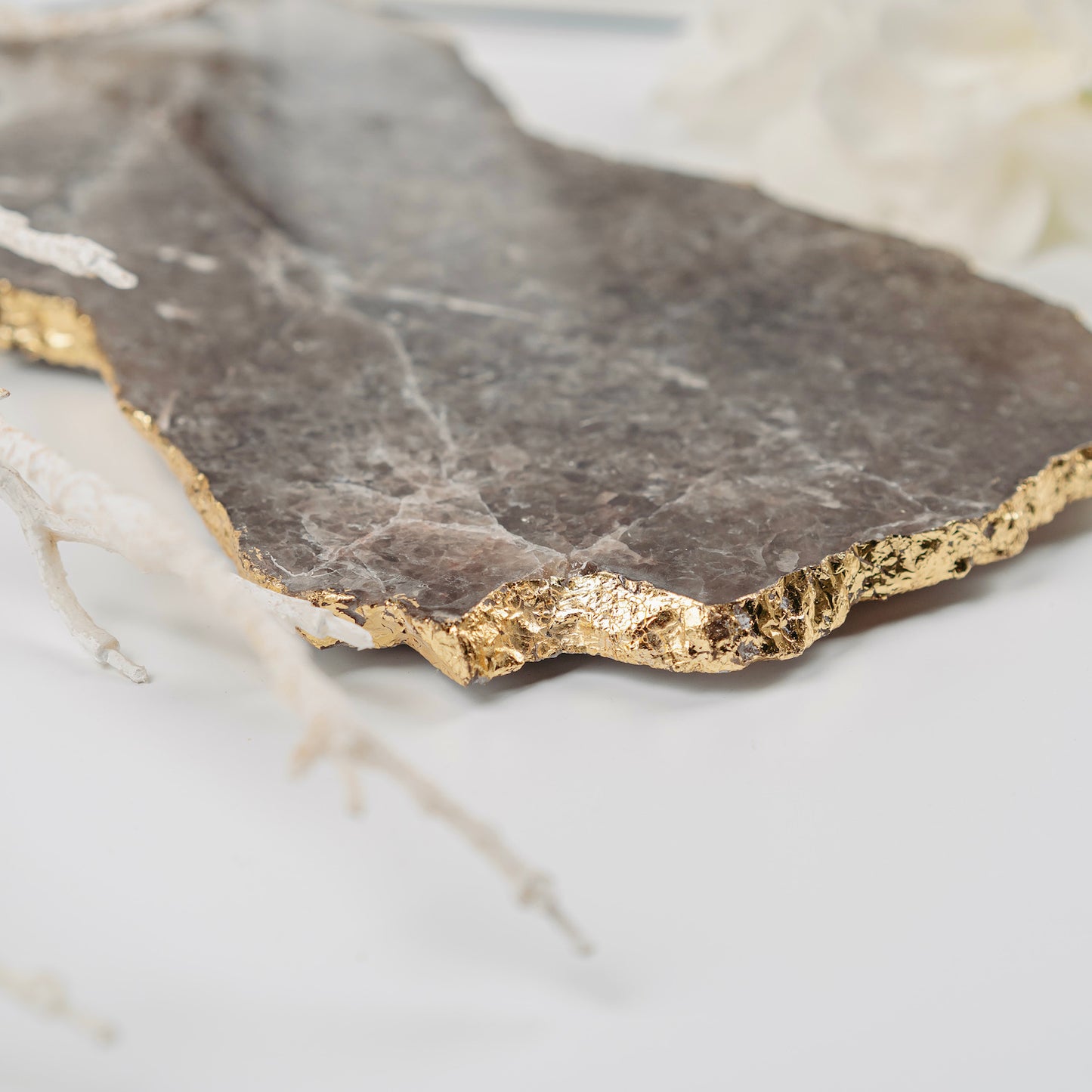 Smoky Quartz Platter with Gold Edge
