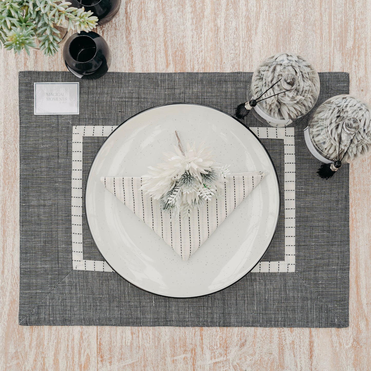 Grey Cotton Placemats with Striped Inset Border