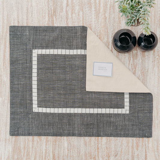 Grey Cotton Placemats with Striped Inset Border