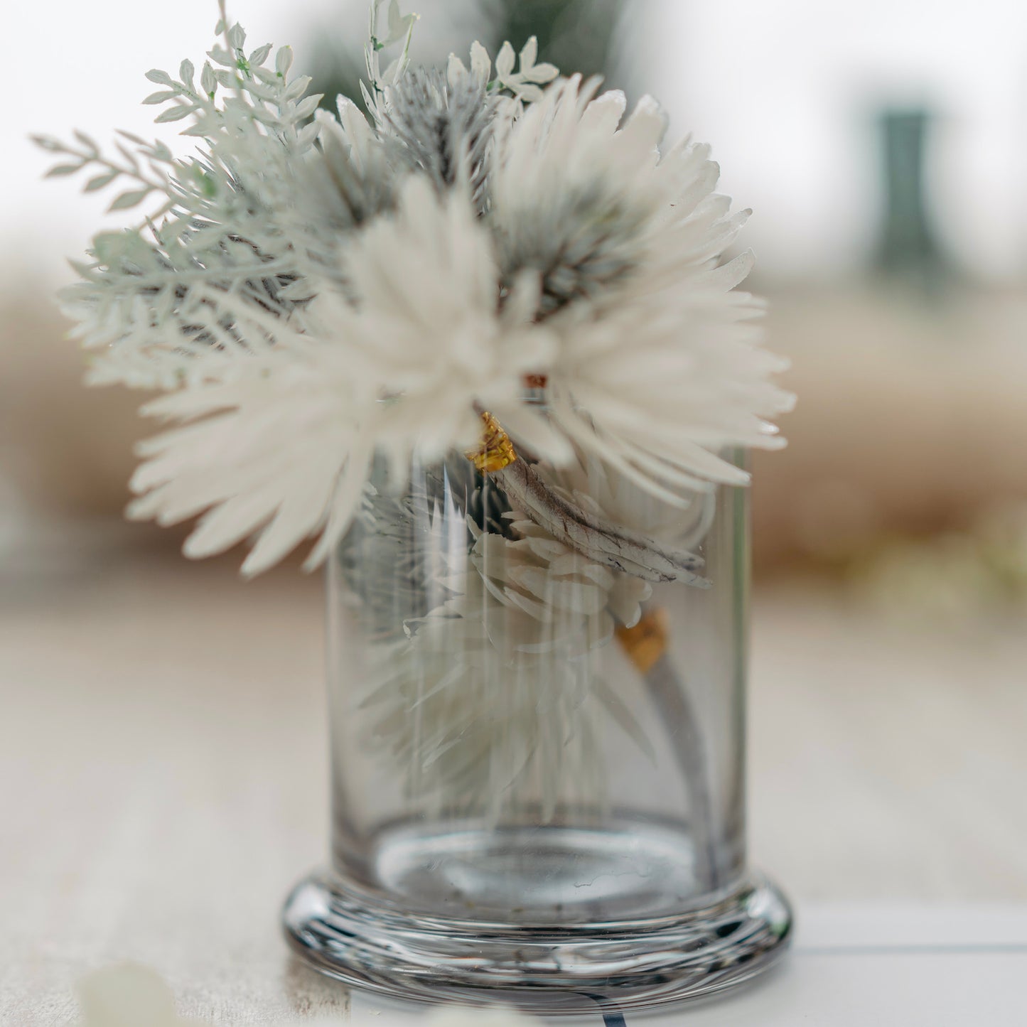 Smoky Glass Holder with Faux Flowers