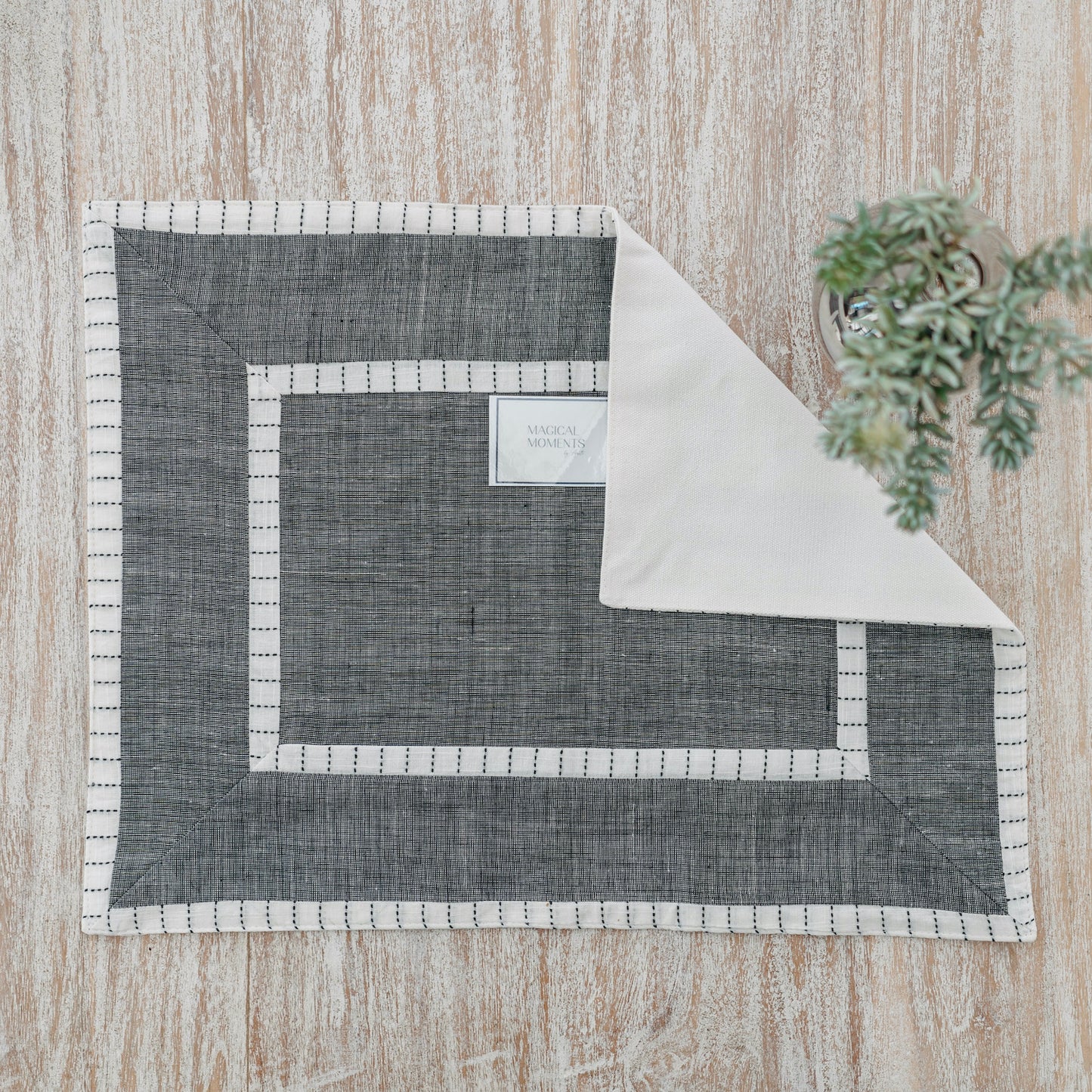 Grey Cotton Placemats with Striped Double Borders